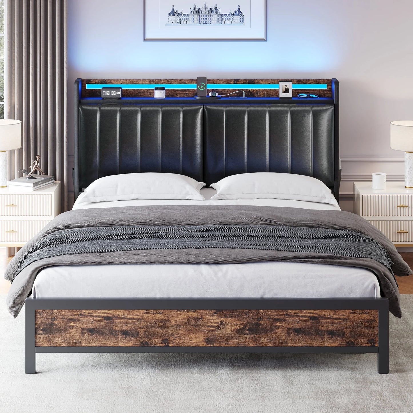Heavy Duty Queen Size Metal Bed Frame with Faux Leather Adjustable Headboard & LED Lights & Charging Station, Black