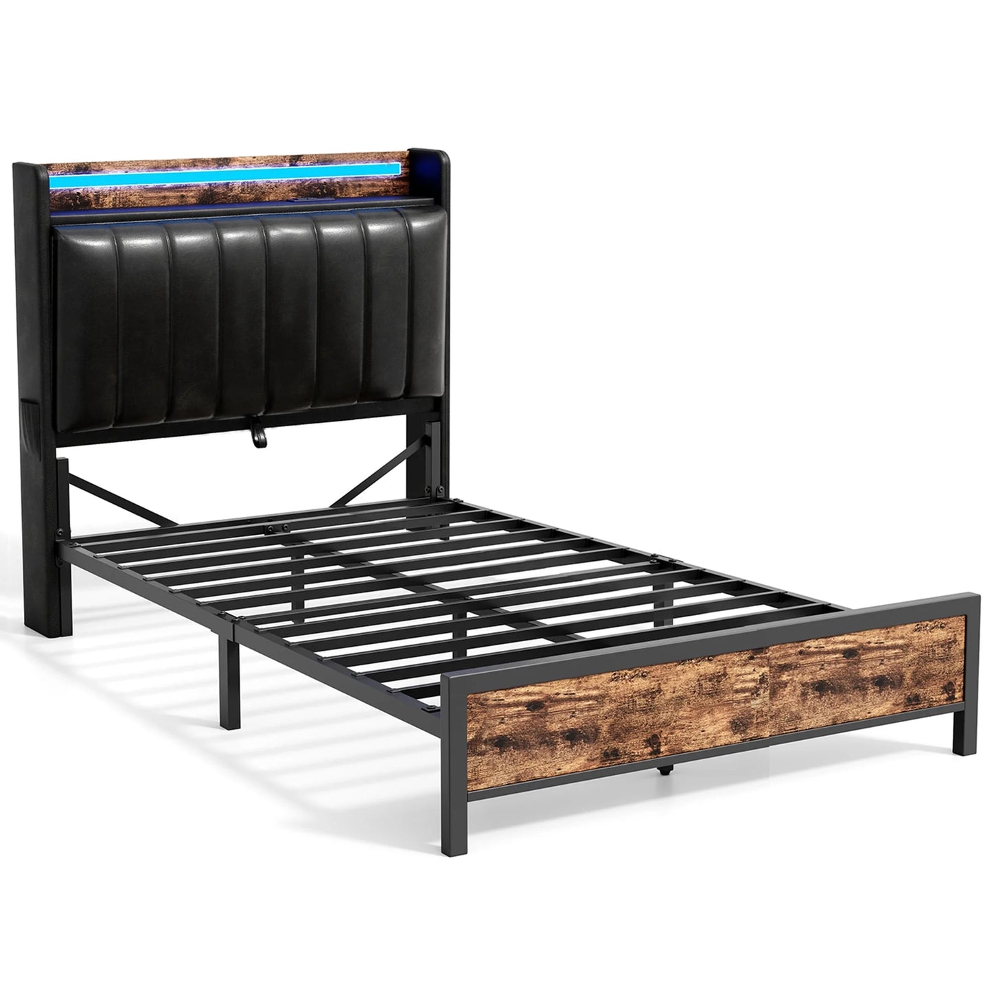 Heavy Duty Twin Size Metal Bed Frame with Faux Leather Adjustable Headboard & LED Lights & Charging Station, Black