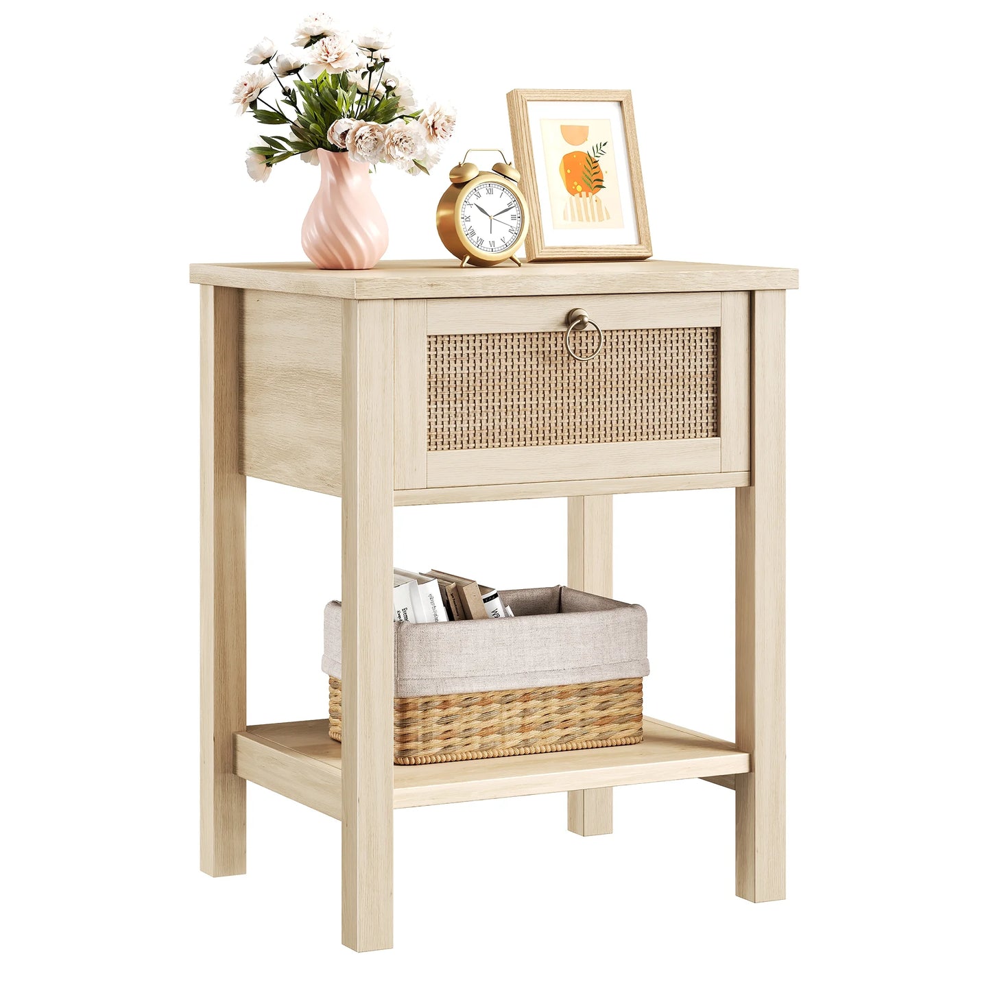 Light Wood Grain 2-Piece Bedside Table Set with Rattan-Decorated Drawers and Open Shelves, Suitable as Side Tables or Coffee Tables for Bedrooms and Living Rooms