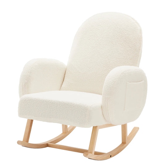 Metal Support Nursery Rocker, Upholstered Sherpa Glide Rocker with High Back, Suitable for Nursery, Bedroom, Living Room, Office, Off-White