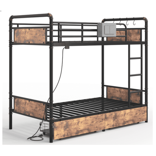 Metal Twin over Twin Size Bunk Bed with Under bed Storage Drawers+two  3 inch topper