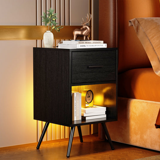 Modern Bedside Table with LED Light, Charging Station, Drawer, and Storage Shelf, Suitable for Bedrooms, Offices, and Living Rooms