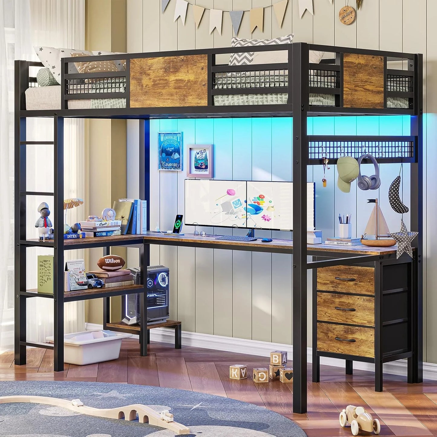 Modern Metal Twin Loft Bed Frame with L Shaped Desk & 3 Fabric Drawers