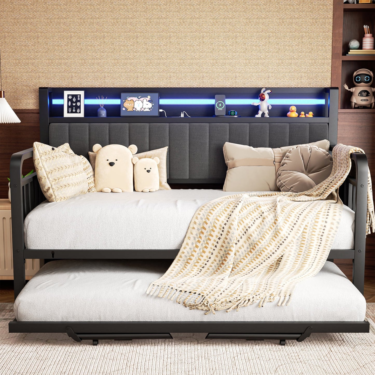 Modern Sturdy Metal Twin Daybed Frame with Trundle & Upholstered Headboard for Living Room & Bedroom, Natural Wood