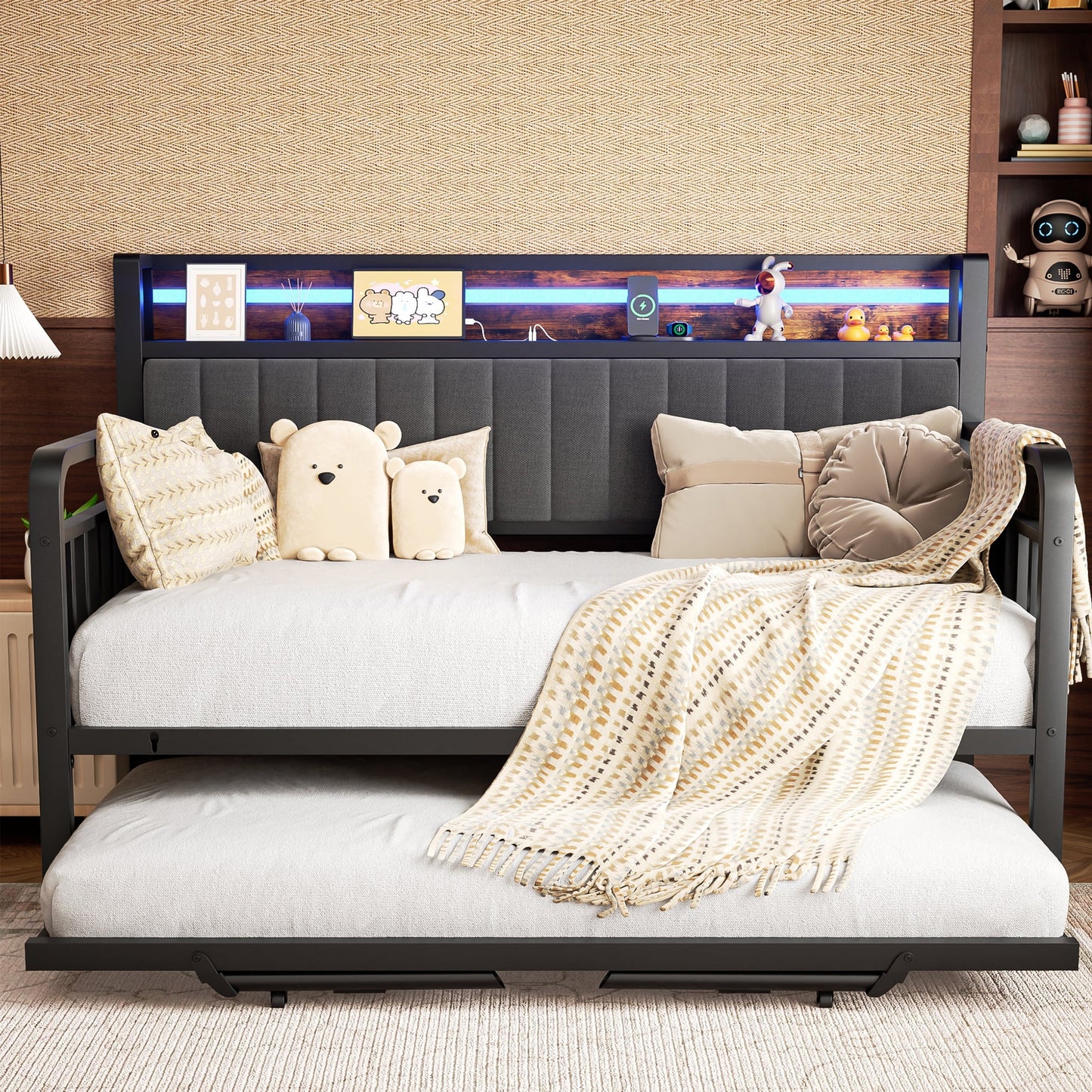Modern Sturdy Metal Twin Daybed Frame with Trundle & Upholstered Headboard for Living Room & Bedroom, Brown