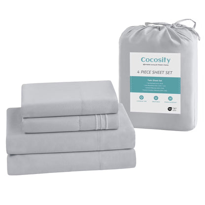 Polyester Microfiber 4 Piece Bed Sheets Set for Hotel Home Apartment School Bedding, Light Gray Twin Size Bedding