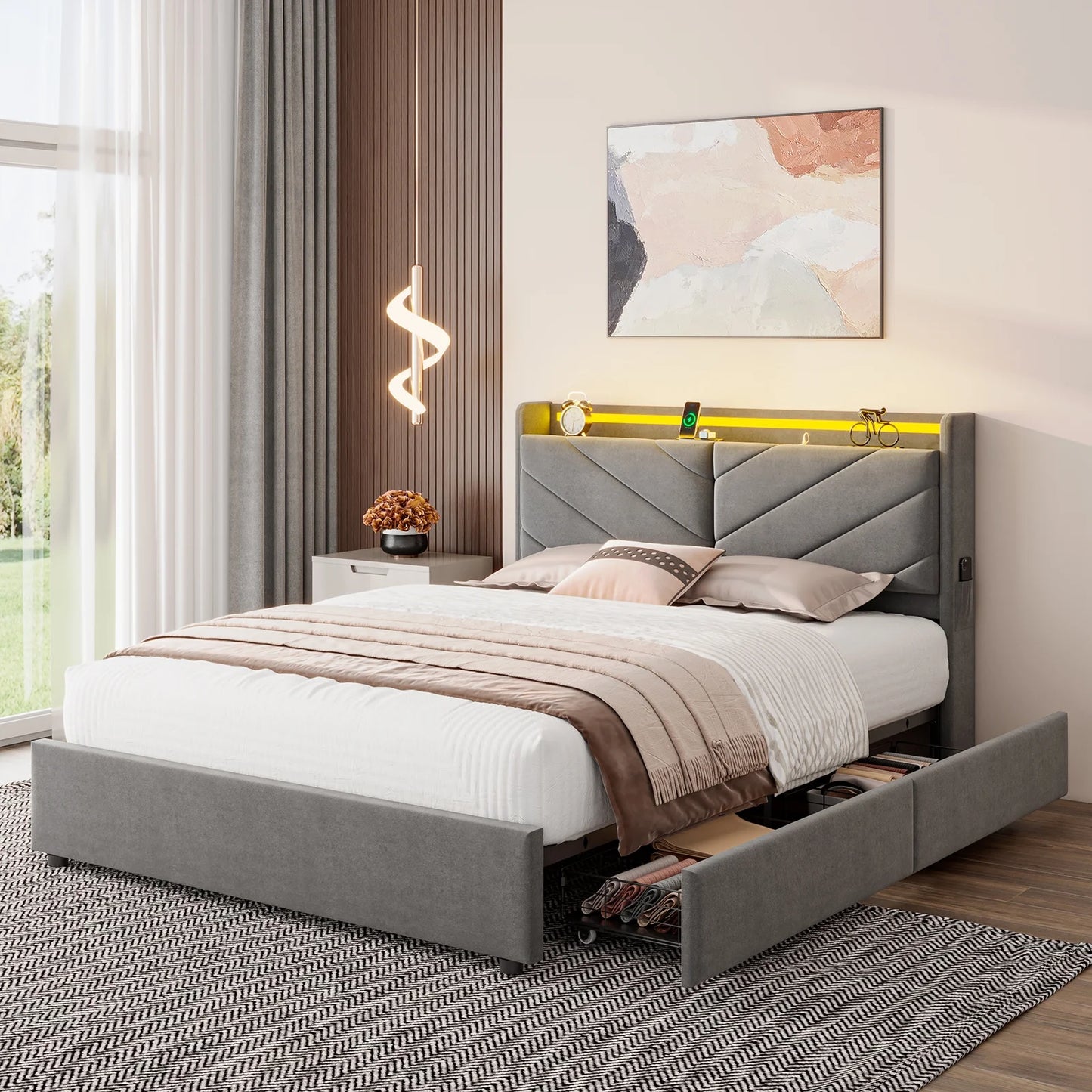 Queen Size Upholstered Bed Frame with 4 Storage Drawers and Ergonomic & Adjustable Storage Bookcase Headboard Gray