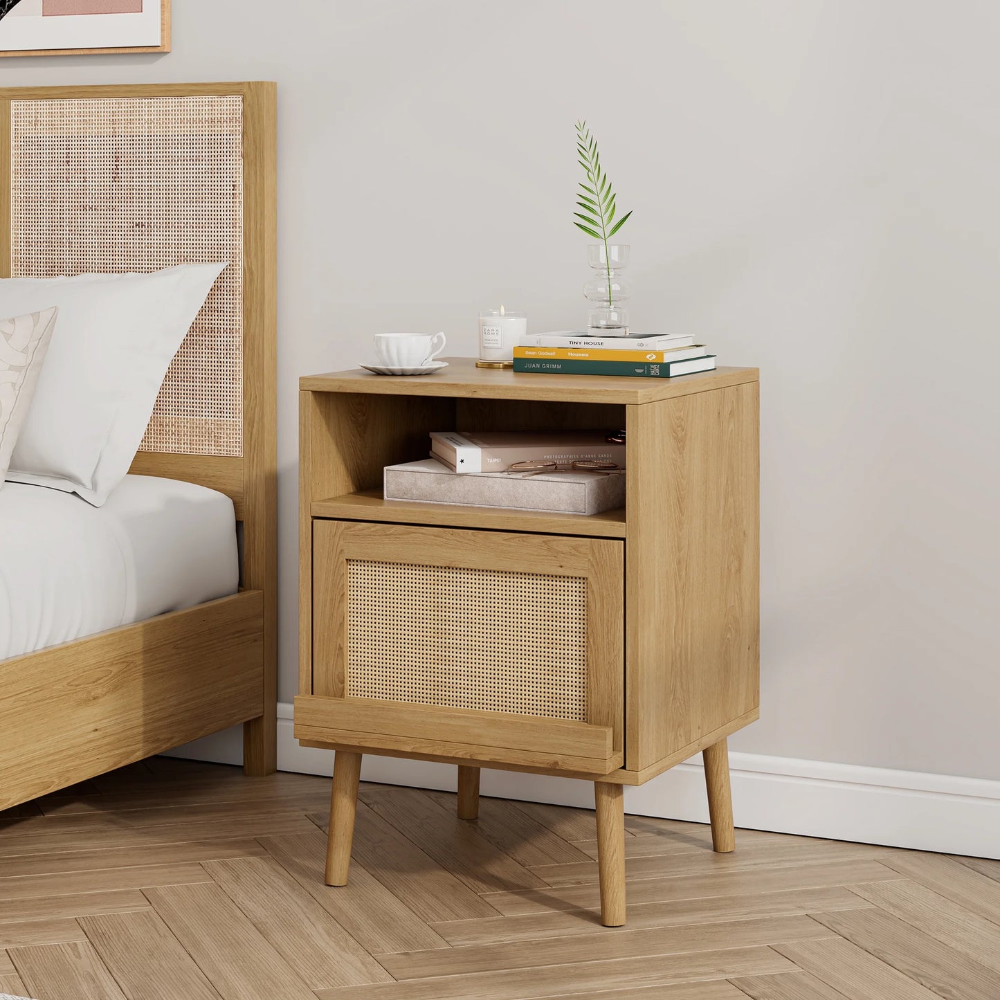 Rattan-Decorated Side Cabinet with Solid Wood Legs, Storage Cabinet Suitable for Bedrooms, Living Rooms, Dorms, Natural
