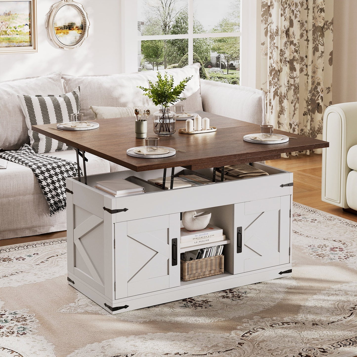 Rectangle Rustic Wood Farmhouse Lift Top Coffee Tables with Barn Door Hidden Compartments Shelves for Living Room Storage Small Items