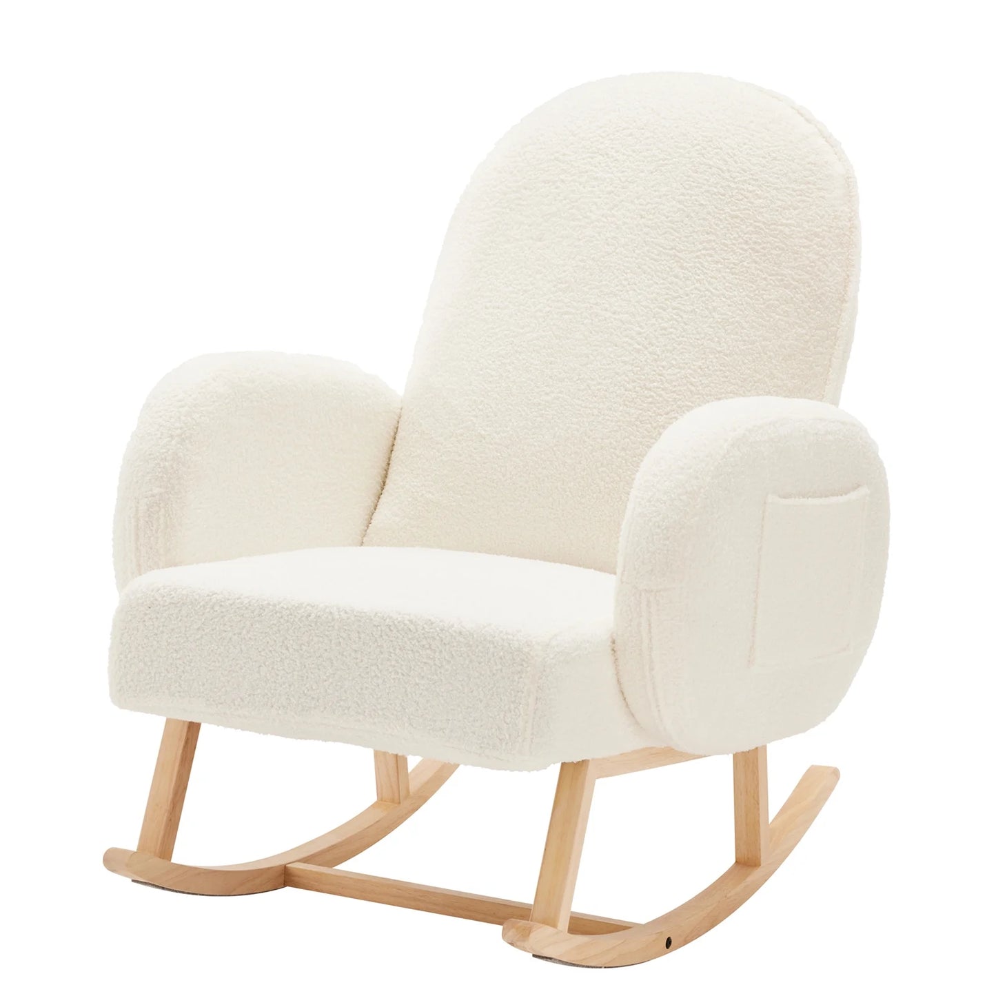 Rubberwood Leg Support Nursery Rocker, Cushioned Teddy Velvet Glider Rocker with Side Pockets, Suitable for Nursery, Bedroom, Living Room, Office, Off-White