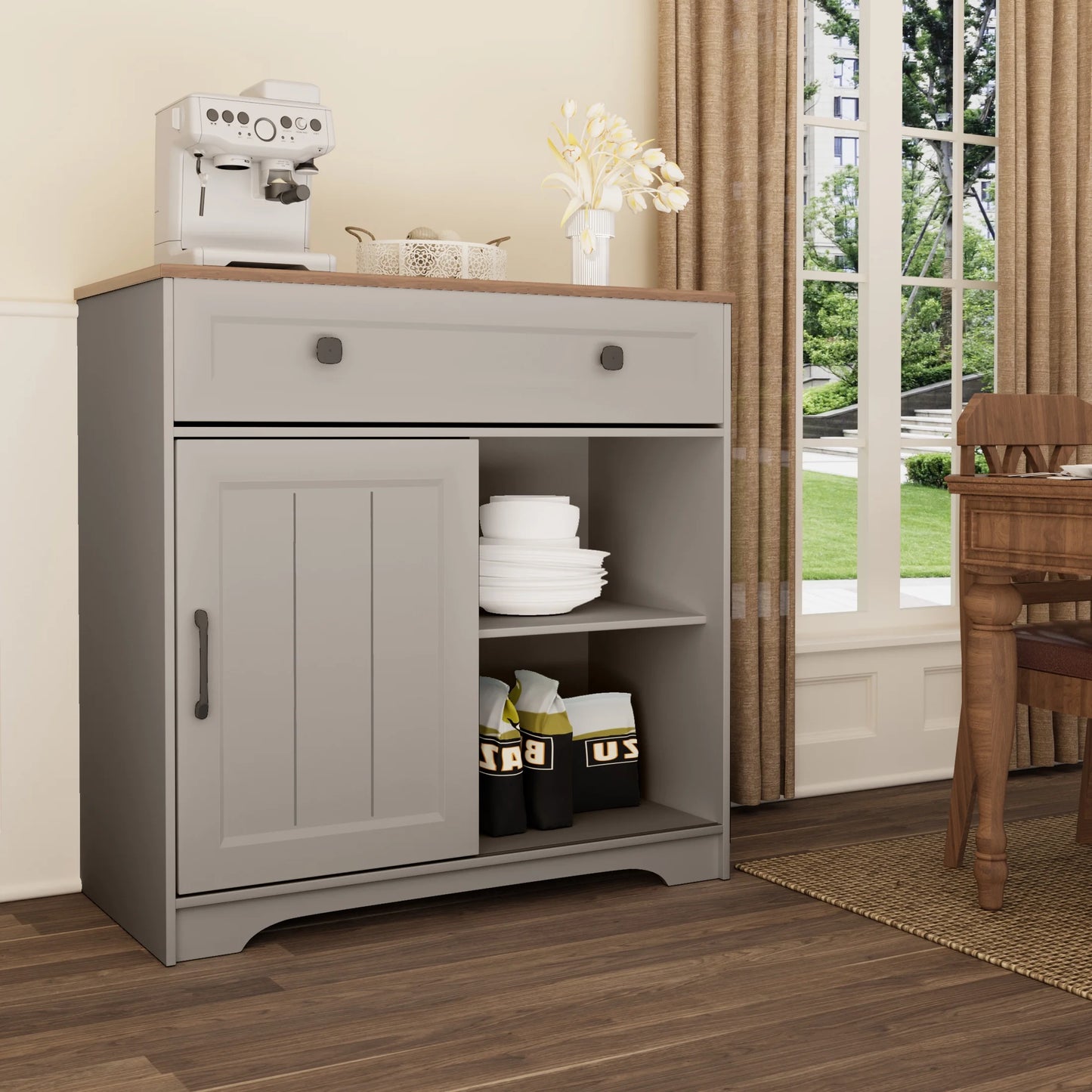 Sideboard Buffet Cabinet with Storage & Sliding Barn Door for Dining Room, Hallway, Living Room Gray