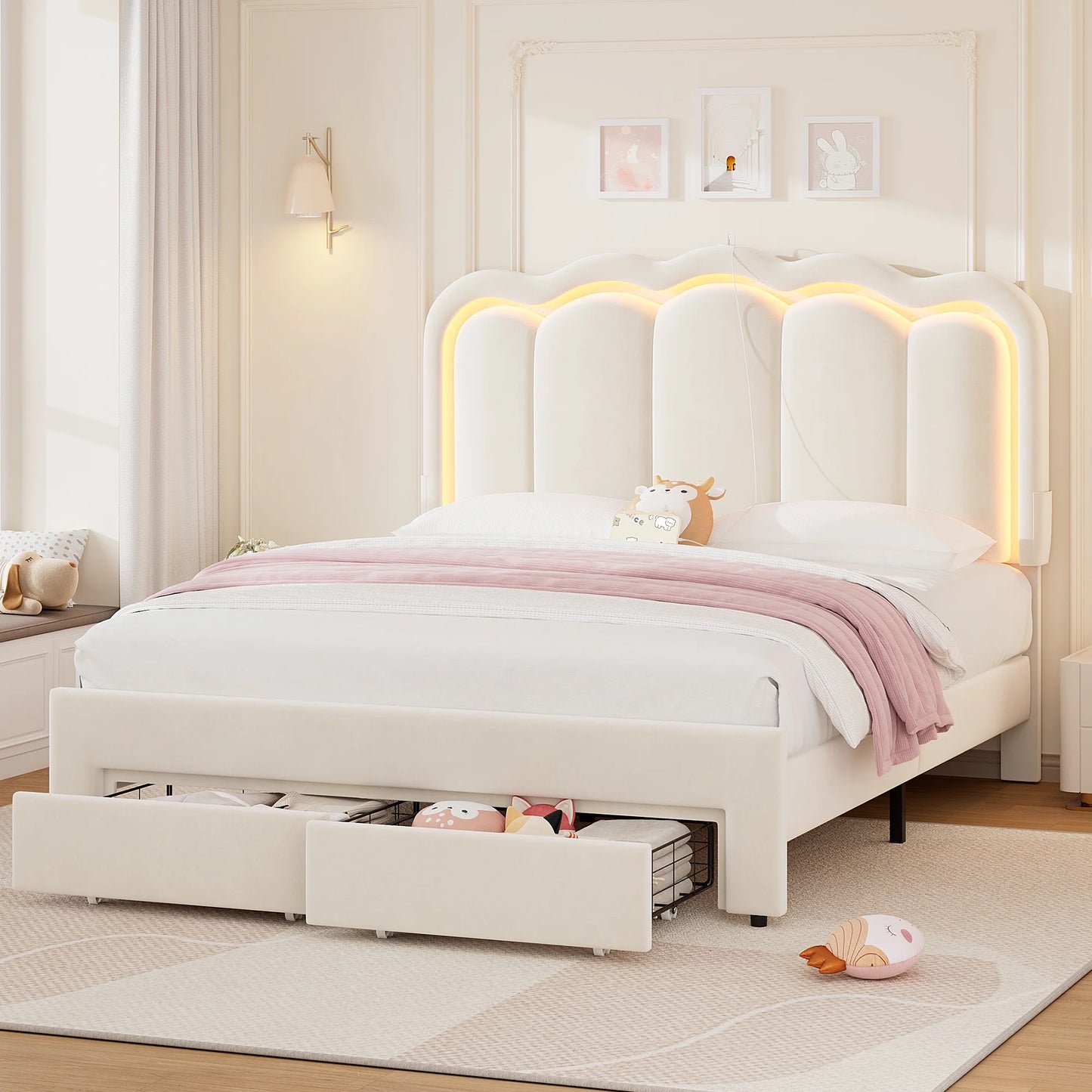 Soft Velvet Upholstered Platform Full Size LED Bed Frame with Drawer Adjustable Lighted Headboard for Girls Kid's Bedroom, Gray