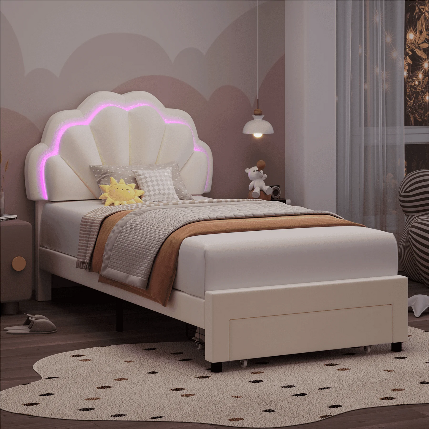 Soft Velvet Upholstered Platform Twin Size LED Bed Frame with Drawer Adjustable Lighted Headboard for Girls Kid's Bedroom,Beige