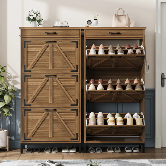 Farmhouse Narrow Shoe Cabinet with 2 Flip Drawers & Metal Legs for Door Entry, Gray walnut