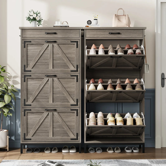 Farmhouse Narrow Shoe Cabinet with 2 Flip Drawers & Metal Legs for Door Entry, Dark walnut