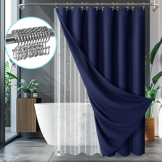 Cocosity Waffle Textured Heavy Duty Shower Curtains with PEVA Clear Shower Liner & Hooks - Blue 72"x72"