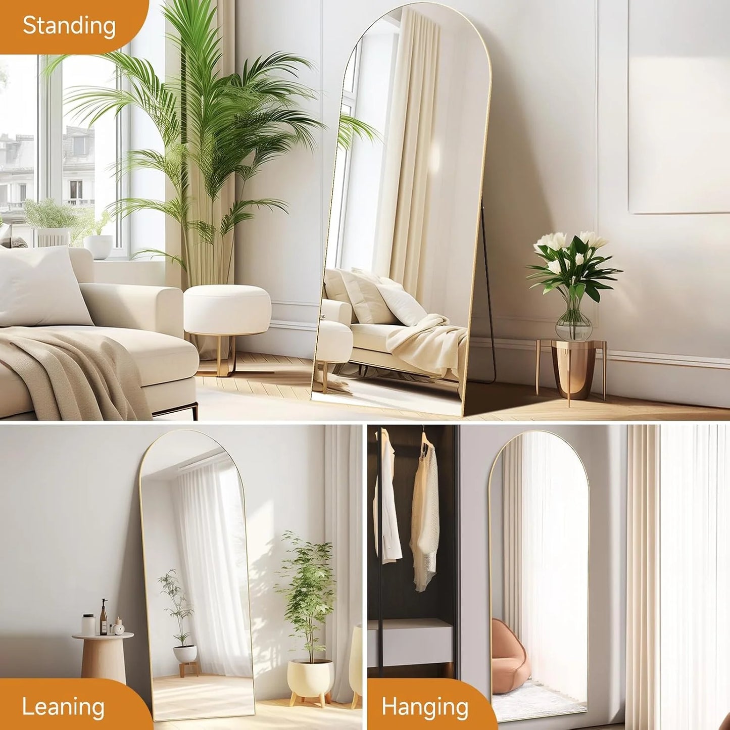 Arched Gold Frame 59"x16" Floor Dresser Mirrors for living Bed Bath Office Room wall