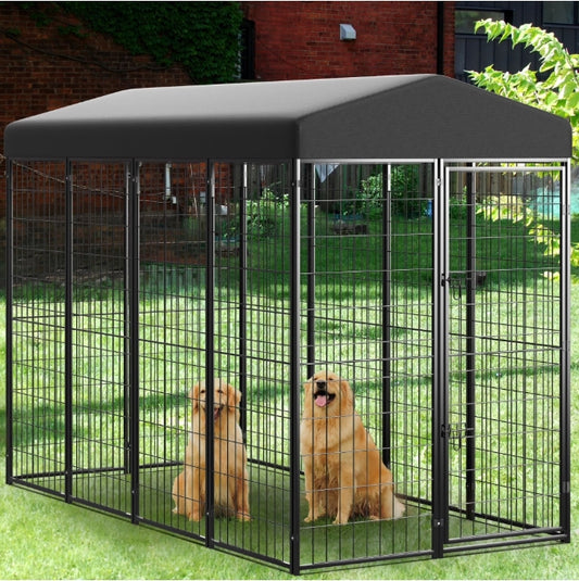 Anyask 8'L x 4'W x 6'H Universal Heavy Duty Large Metal Dog Kennel Playpen with Sun/Rain Proof Top for Dog Cat Duck Chicken Outdoor Excerise