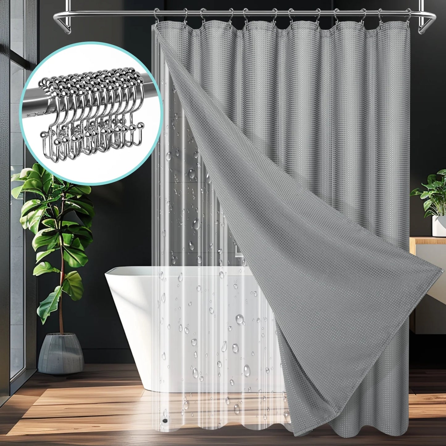 Cocosity Waffle Textured Heavy Duty Shower Curtains with PEVA Clear Shower Liner & Hooks - Gray 72"x72"