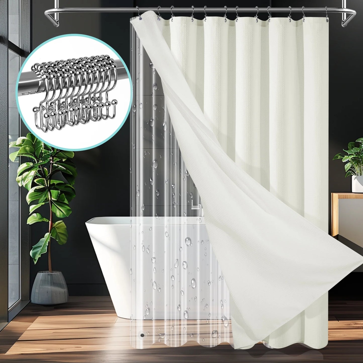 Cocosity Waffle Textured Heavy Duty Shower Curtains with PEVA Clear Shower Liner & Hooks - Beige 72"x72"