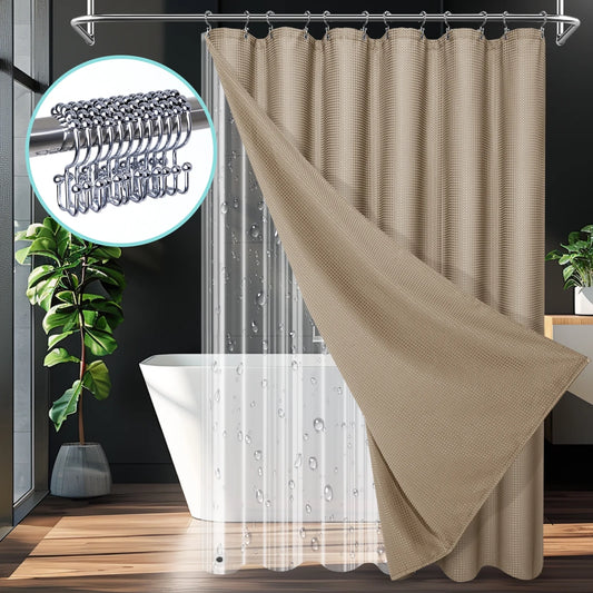 Cocosity Waffle Textured Heavy Duty Shower Curtains with PEVA Clear Shower Liner & Hooks - Brown 72"x72"