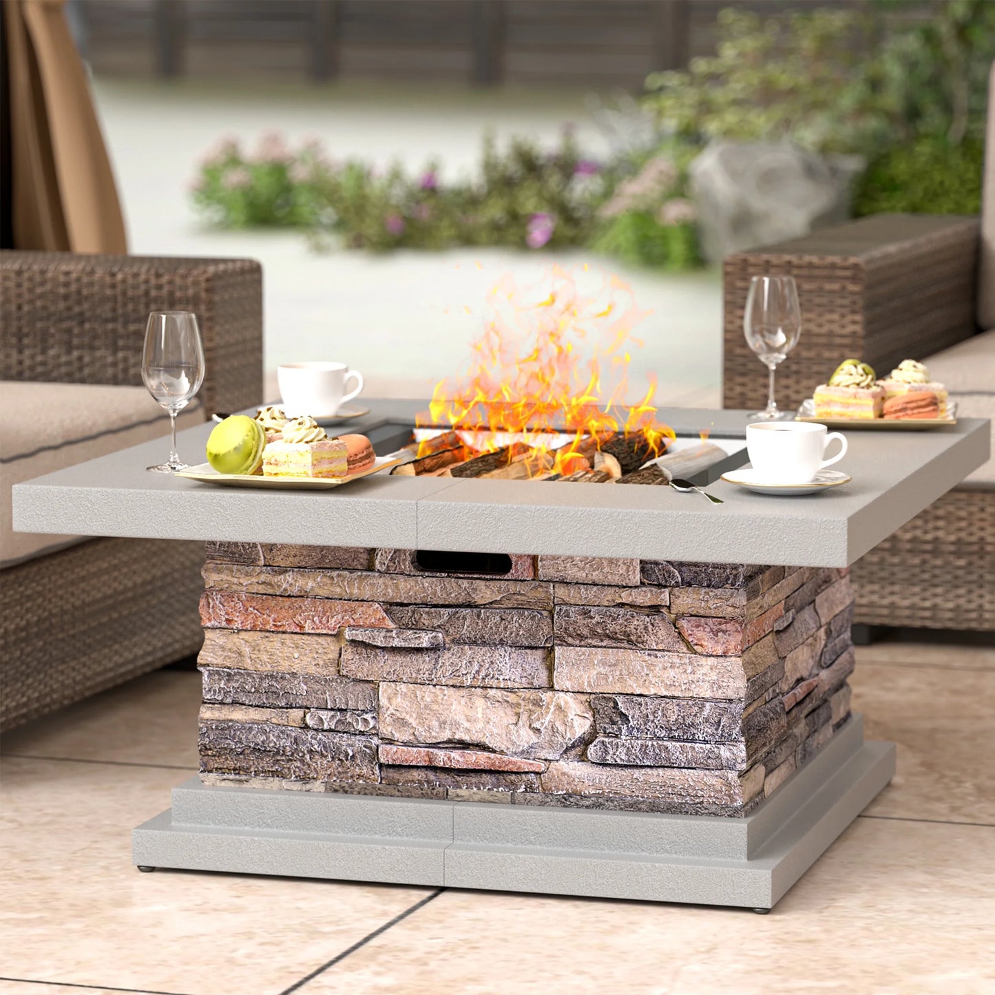 34" Outdoor Concrete Fire Pit Table for Dining,Party, Patio,Yard