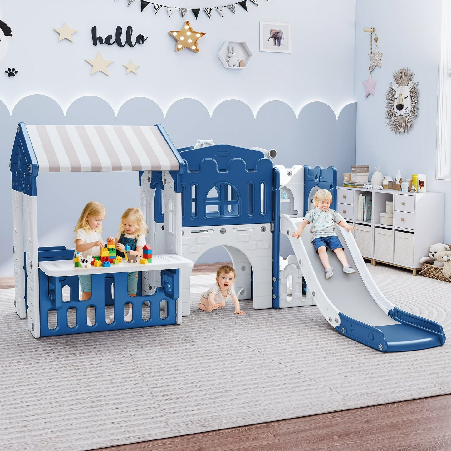 9 in 1 Indoor Infant Toddler Playground Slides Playset for Backyard Home, Blue & Gray