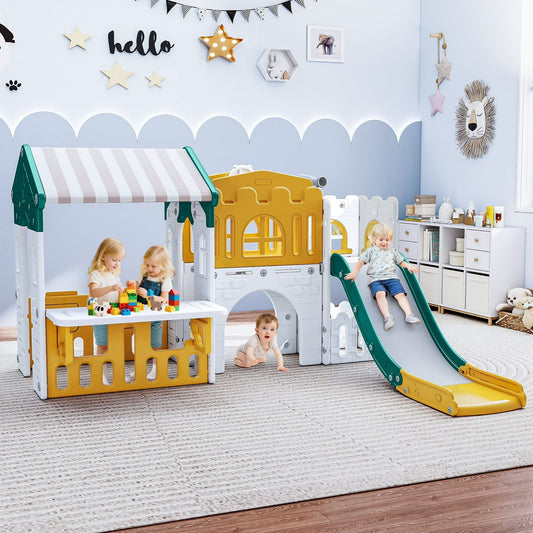 9 in 1 Indoor Infant Toddler Playground Slides Playset for Backyard Home, Yellow & Green
