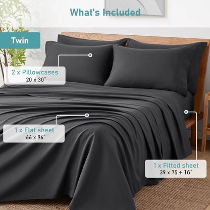 Polyester Microfiber Dark Twin Size 4 Piece Bed Sheets Set with 16-Inch Deep Pockets for Hotel Home Apartment School Bedding
