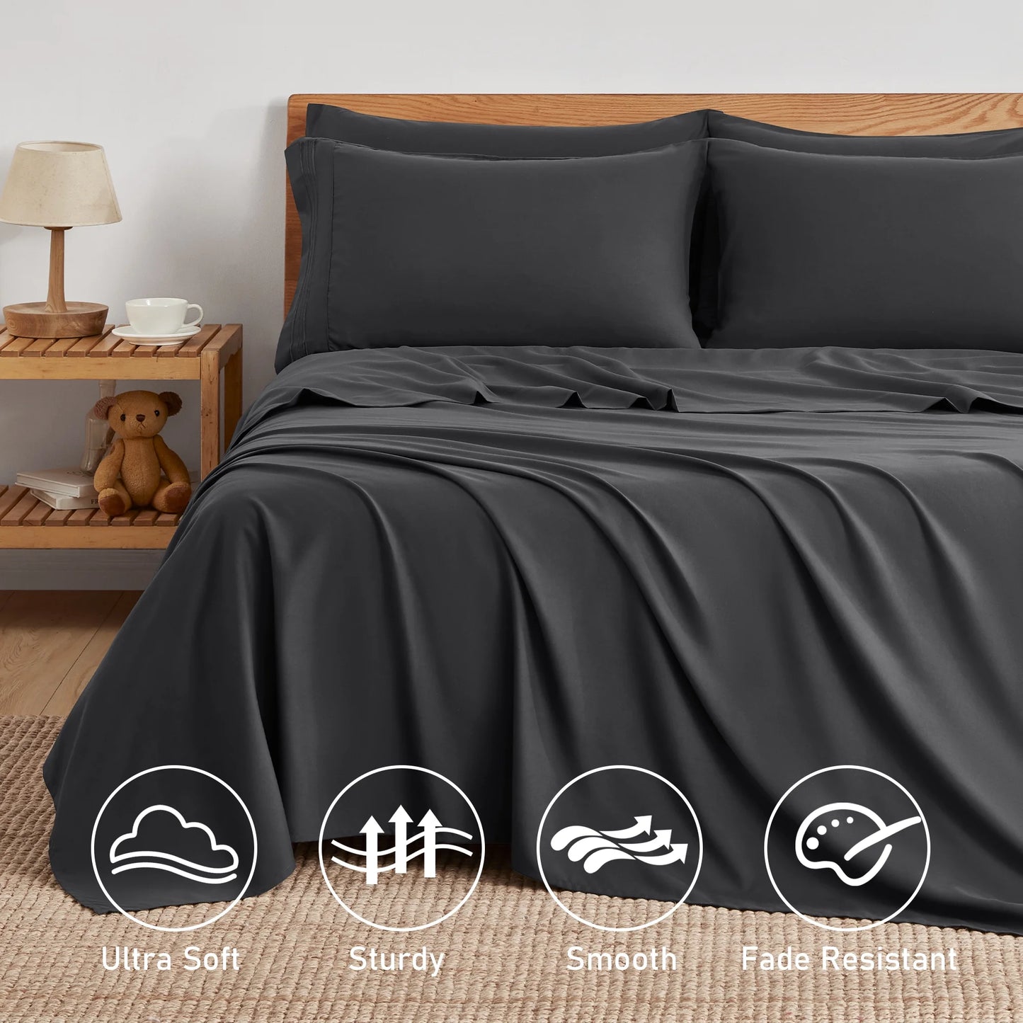 Polyester Microfiber Dark Twin Size 4 Piece Bed Sheets Set with 16-Inch Deep Pockets for Hotel Home Apartment School Bedding