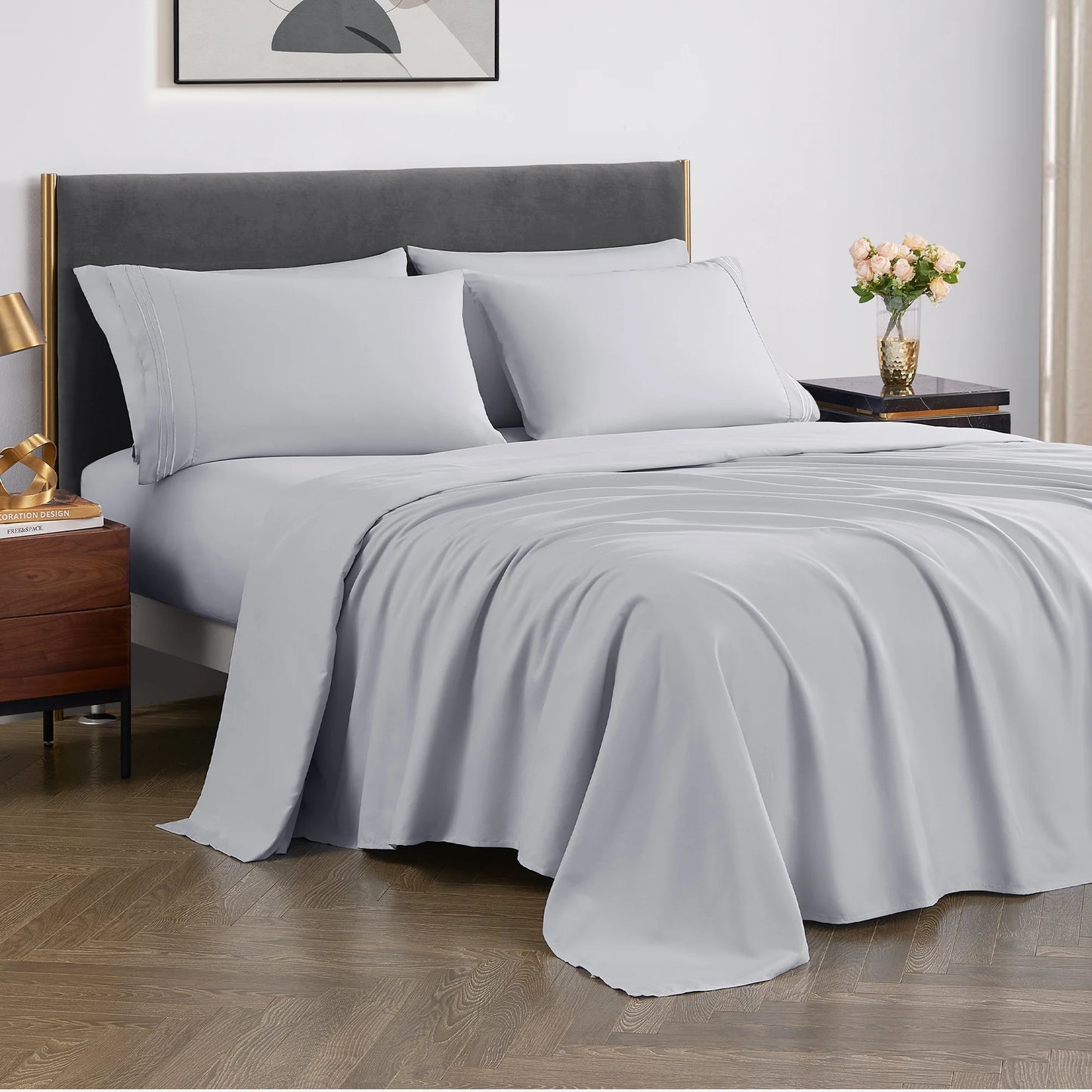 Polyester Microfiber 4 Piece Bed Sheets Set for Hotel Home Apartment School Bedding, Light Gray Twin Size Bedding