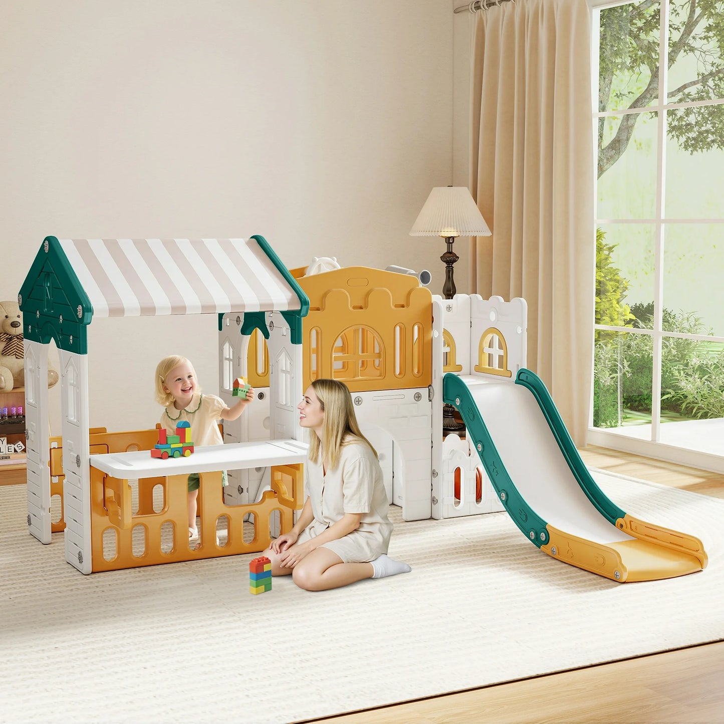 9 in 1 Indoor Infant Toddler Playground Slides Playset for Backyard Home, Yellow & Green