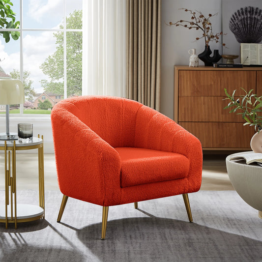 Modern Style Armchair, Casual Single Sofa Chair With Gold Metal Legs, Comfortable Lambskin Cushioned Armchair, Suitable For Living Room, Powder Room, Reading Room, Waiting Room, Orange Red