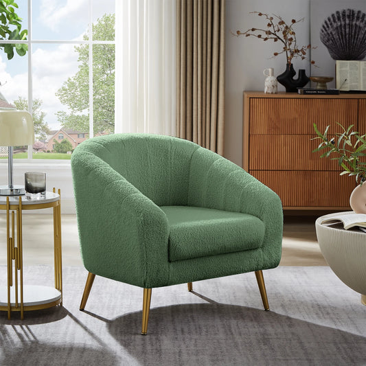 Modern Style Armchair, Casual Single Sofa Chair With Gold Metal Legs, Comfortable Lambskin Cushioned Armchair, Suitable For Living Room, Powder Room, Reading Room, Waiting Room, Light Green