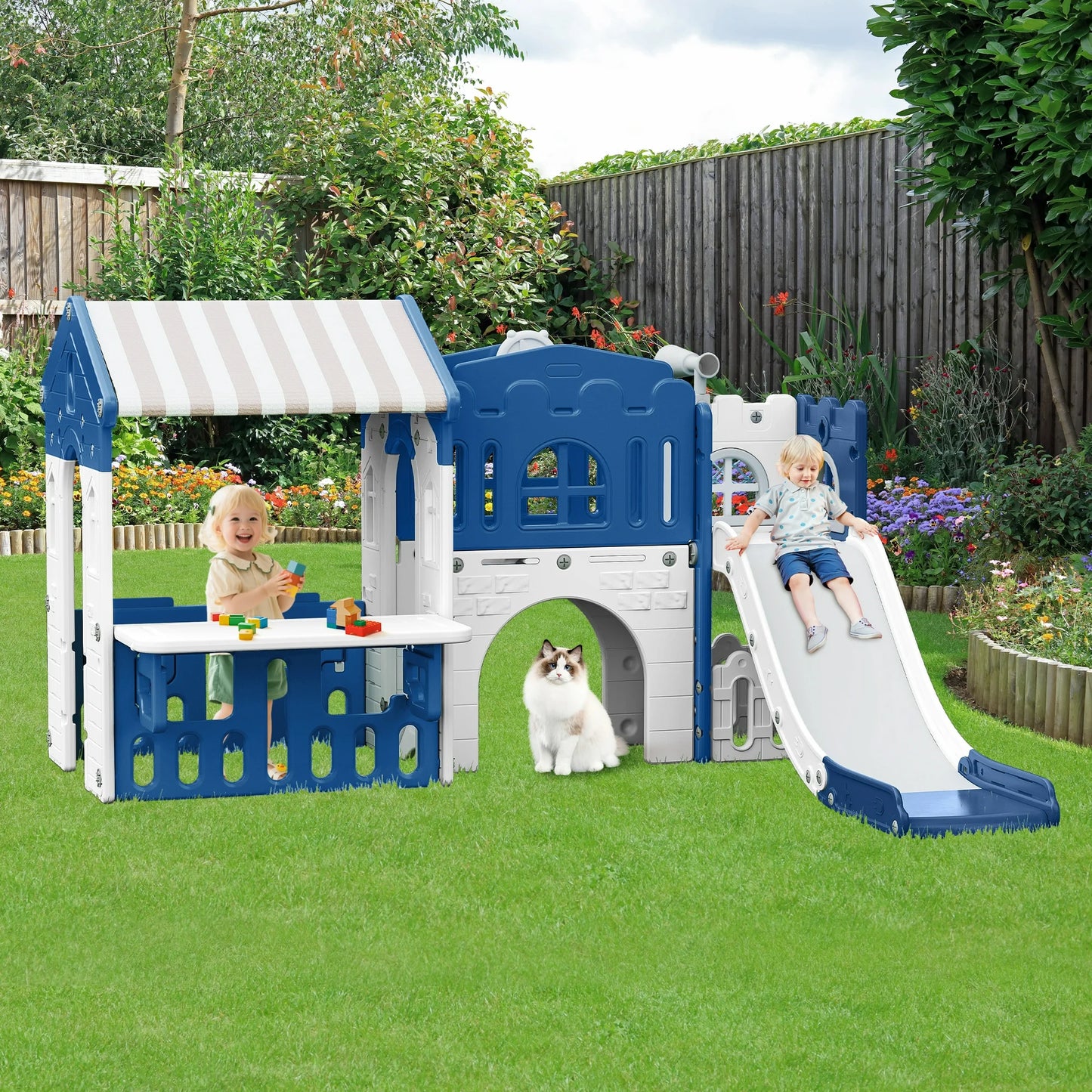 9 in 1 Indoor Infant Toddler Playground Slides Playset for Backyard Home, Blue & Gray