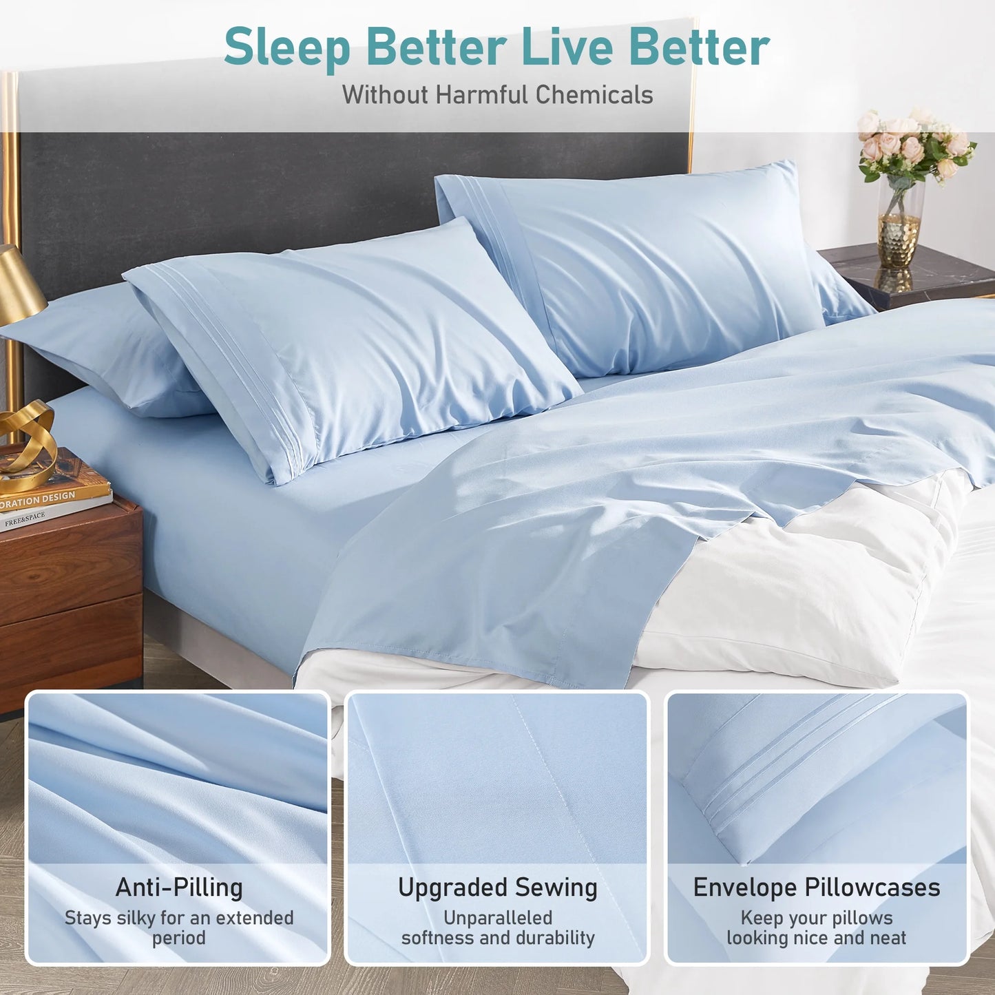 Bed Sheets Set with 6 Pieces，Extra Soft Made from Microfiber Deep Pocket Sheet Set, Full Blue