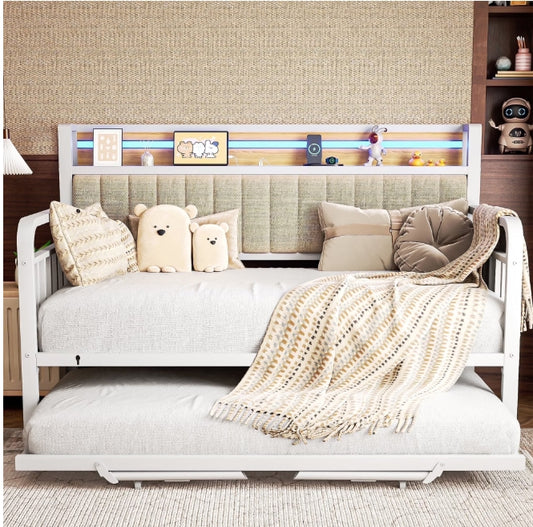 Cocosity White Modern Sturdy Metal Twin Daybed Frame with Trundle & Upholstered Headboard for Living Room & Bedroom, Natural Wood