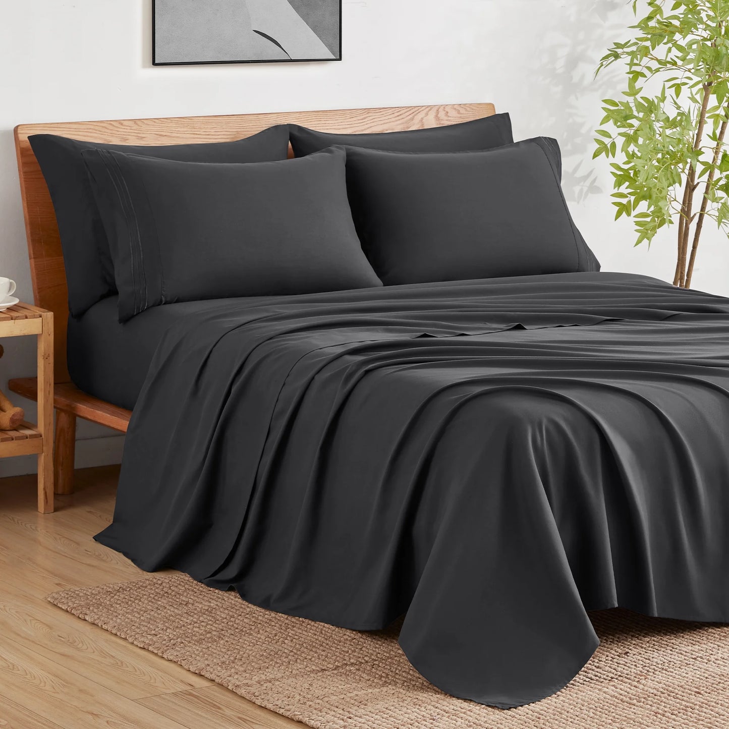 Polyester Microfiber Dark Twin Size 4 Piece Bed Sheets Set with 16-Inch Deep Pockets for Hotel Home Apartment School Bedding