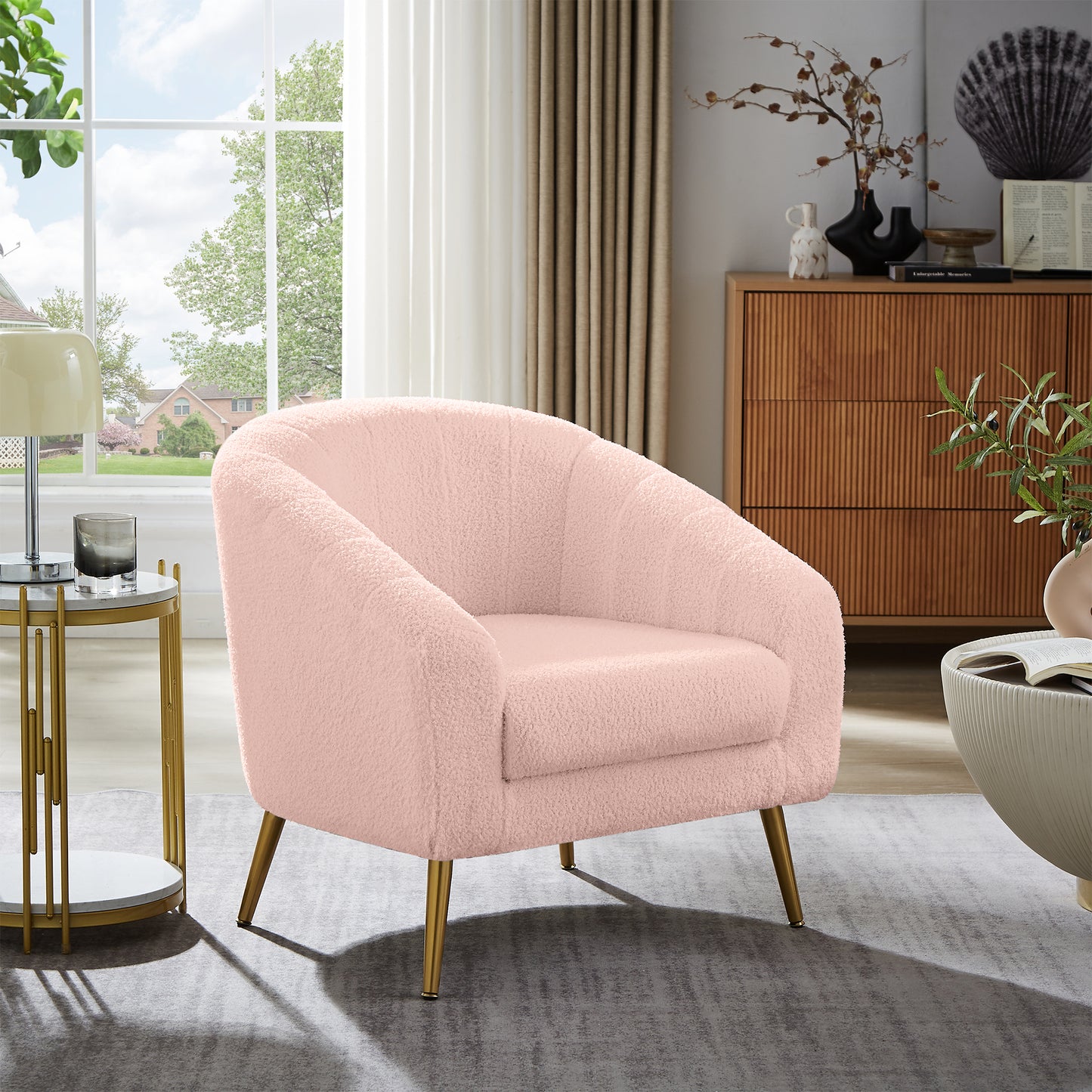 Modern Style Armchair, Casual Single Sofa Chair With Gold Metal Legs, Comfortable Lambskin Cushioned Armchair, Suitable For Living Room, Powder Room, Reading Room, Waiting Room, Pink