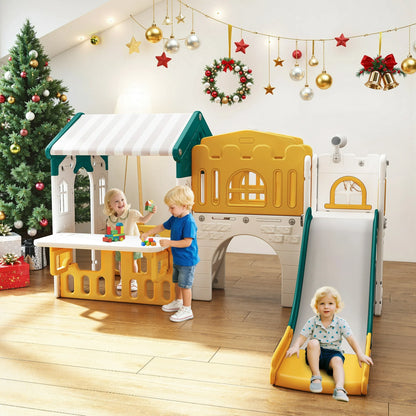 9 in 1 Indoor Infant Toddler Playground Slides Playset for Backyard Home, Yellow & Green