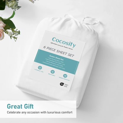 6 Piece Comfort Microfiber Bed Sheets for Queen Size Bedding for Hotel Home Apartment School Bedding White